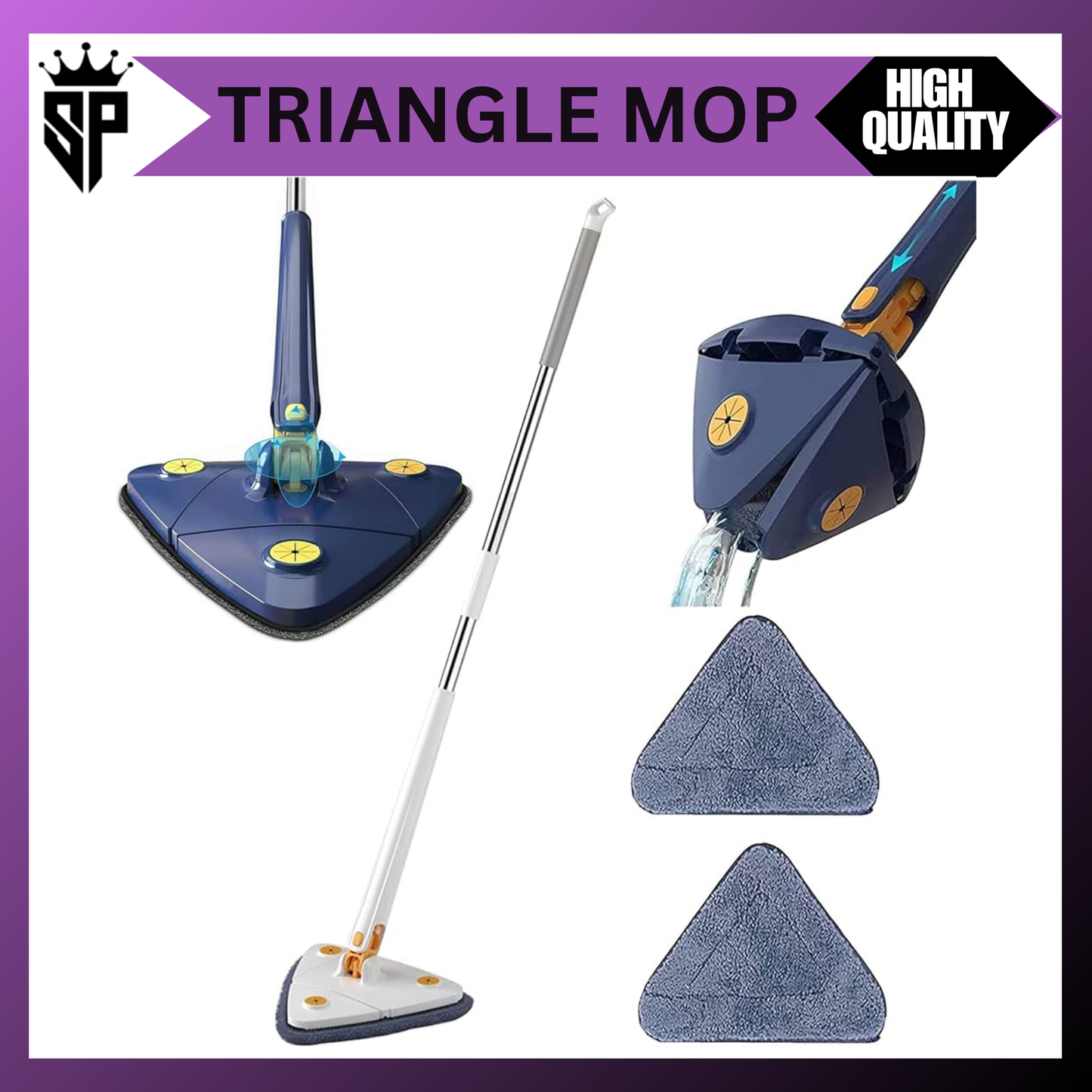 360° Rotatable Adjustable Cleaning Mop Triangle Mop with Stainless Steel Long Handle Push-Pull Squeezing Cleaning Mop Dry & Wet Mop for Floor, Windows, Cleaning